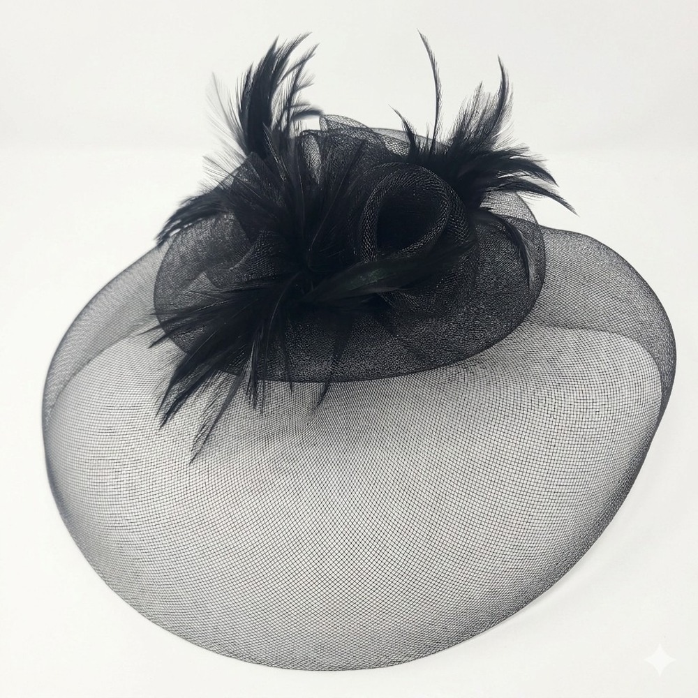 Fascinator Black Mesh Feathers Clip On Holiday Party Kentucky Derby
